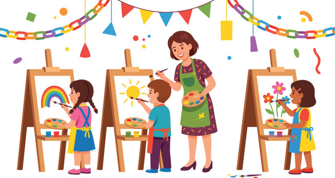 Children engaged in painting activity with instructor