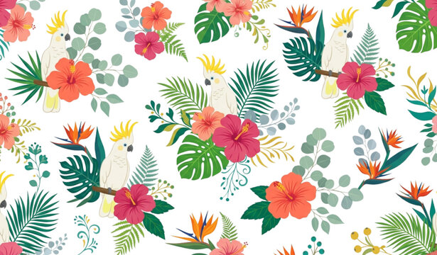 Elegant Cockatoo Botanical Seamless Pattern with Tropical Foliage Vec
