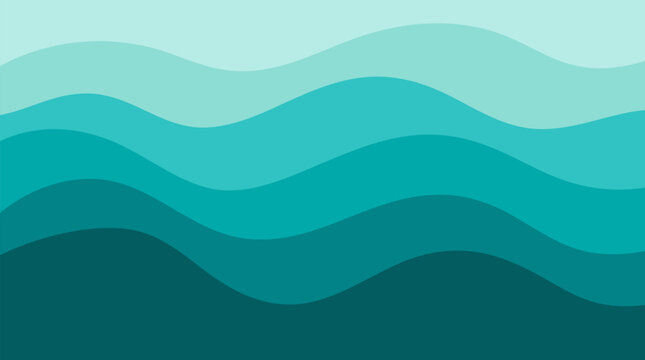 A clean flat vector illustration of smooth ribbon-like layers of teal and aqua undulating in a calm rhythmic wave pattern, ideal for abstract backgrounds, wellness branding, and modern decorative grap