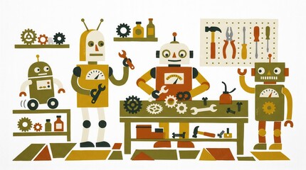 Fototapeta premium Colorful robots build & repair at a bright workshop workbench