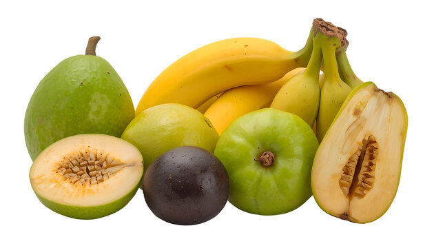 Assorted tropical fruits including bananas, papaya, and star apple isolated on transparent background