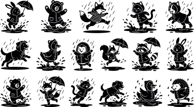 Cartoon animals wearing raincoats jumping in puddles silhouette vector icons set for childrens book autumn weather education design elements