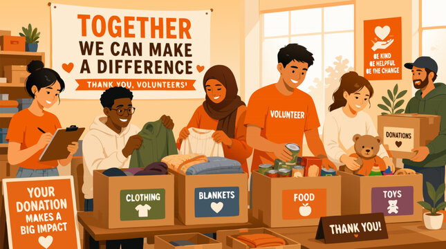 Flat vector illustration of a group of volunteers warmly sorting donation boxes together in a community hall in a helpful orange palette, ideal for charity nonprofit and social outreach campaigns