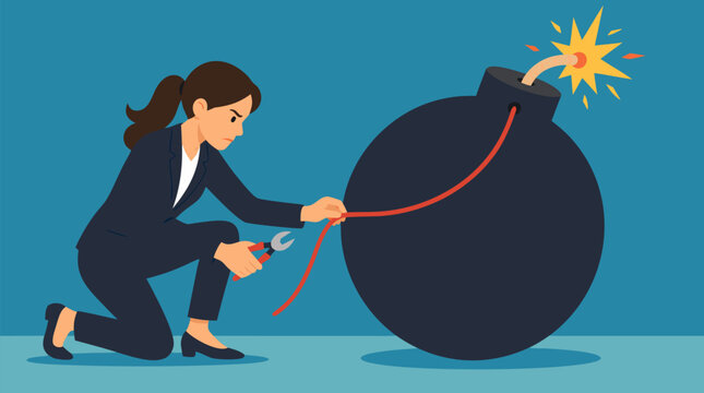 A businesswoman in a suit calmly defusing a giant ticking time bomb by cutting a wire, perfect for concepts of pressure management, crisis leadership, and deadline stress in corporate settings, clean 