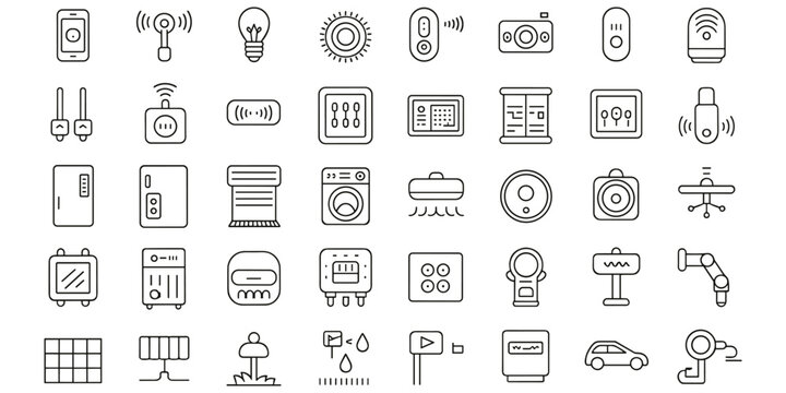 Linear icons set for industrial monitoring smart systems and automation solutions for factories
