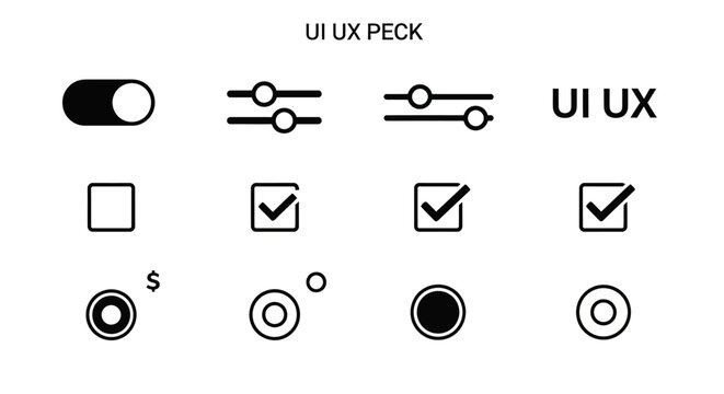 Collection of common user interface controls including toggle switches sliders radio buttons and check boxes set.