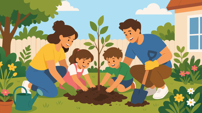 A joyful young family of four together planting a small sapling in their sunny backyard garden, evoking themes of environmental care, family bonds, and nurturing growth in warm pastel tones, clean fla