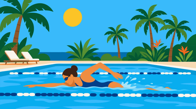 A woman swimming laps in a sunlit outdoor pool surrounded by tropical palm trees in a clean flat vector illustration perfect for fitness wellness and active lifestyle branding
