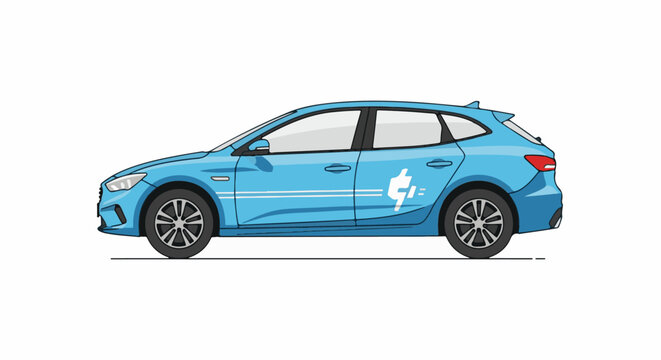 Pixel art of a blue hatchback with white racing stripes and a stylized electric plug graphic