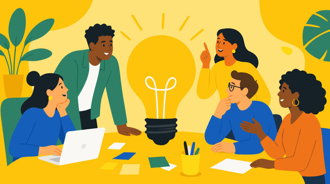 A diverse group of coworkers energetically brainstorming ideas around a giant glowing lightbulb on a shared table, ideal for innovation, teamwork, and creative business culture themes in a bright yell