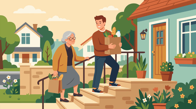 A kind man helping an elderly neighbor carry heavy grocery bags up porch steps in warm friendly tones, a clean flat vector illustration perfect for community care and social value campaigns