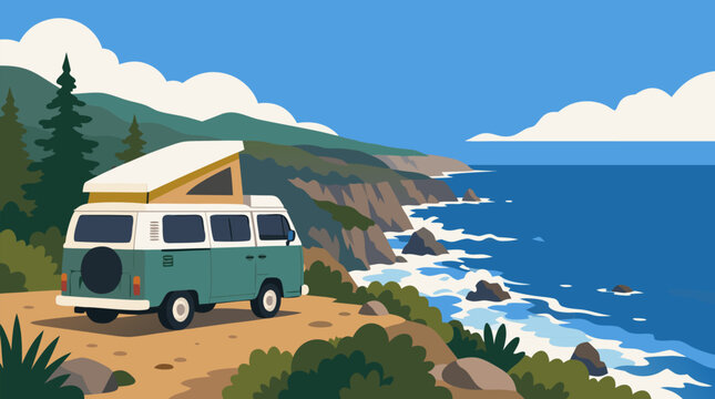 A colorful camper van parked at a scenic cliffside overlook above crashing ocean waves, a flat vector illustration evoking the freedom of road trip travel and coastal adventure
