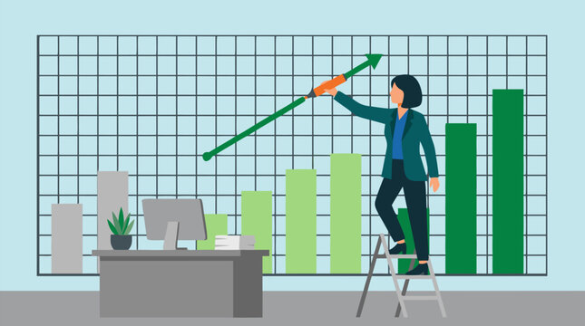 Financial planner drawing an upward forecast line across a wall-sized graph in a professional setting, a clean flat vector illustration on a light background suited for finance and analytics content