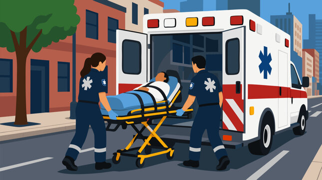 A tense flat vector illustration of paramedics loading a stretcher into the back of an ambulance on a busy city street, perfect for emergency services, healthcare, and first responder themed design pr