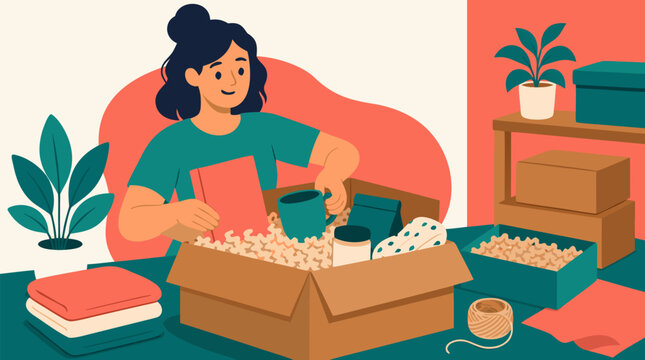 Subscription box service worker packing curated lifestyle items into a box with a cheerful coral and teal color palette, a clean flat vector illustration ideal for e-commerce and retail branding