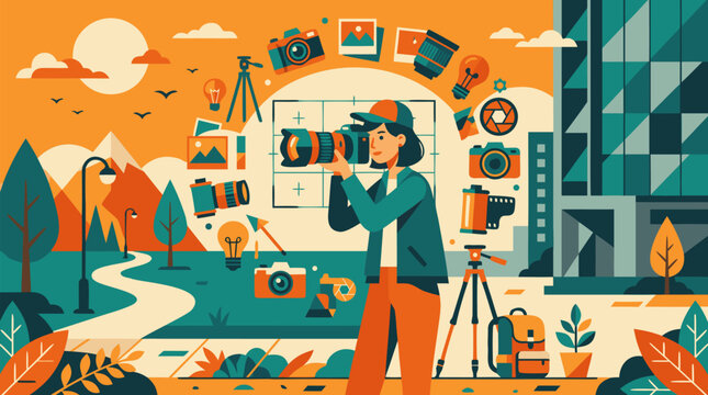 Photographer holding a camera and framing a scene with floating photo icons in a creative mood with orange and teal tones, a clean flat vector illustration on a light background perfect for creative p