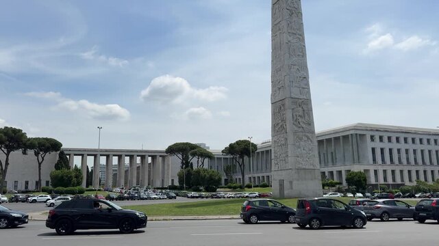 Historic Marconi Obelisk Standing in the Modern Square of EUR District Rome