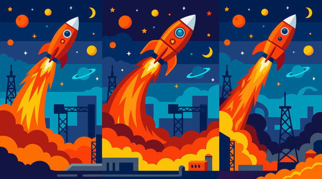 A cartoon rocket launches skyward with a bold trail of flames in a vertical composition using energetic red and orange tones, a clean flat vector illustration great for startup launches, motivation an