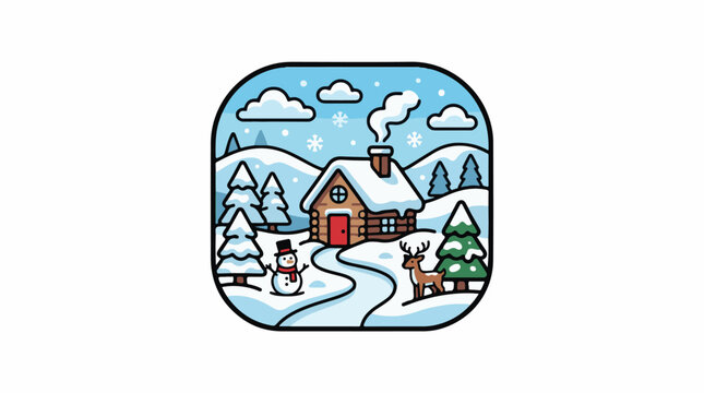 Snowy house with snowman and reindeer.