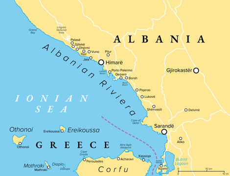 Albanian Riviera, known as Bregu, political map. Coastline along north-eastern Ionian Sea, and a section of the Albanian Ionian Sea Coast, dotted with villages, town Himare, and city Sarande. Vector