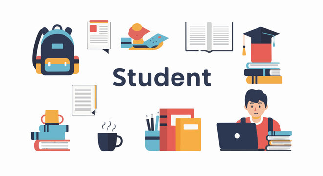 Diverse student life symbols backpack books laptop graduation cap coffee and a smiling person