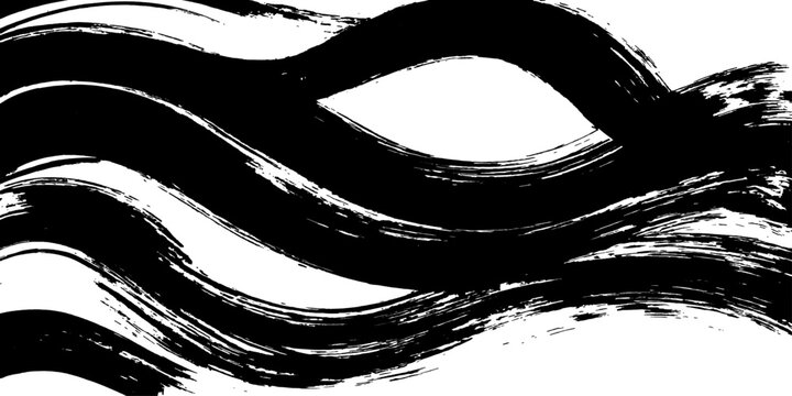 Abstract black ink brush strokes flowing in dynamic waves create a powerful and energetic artistic background.