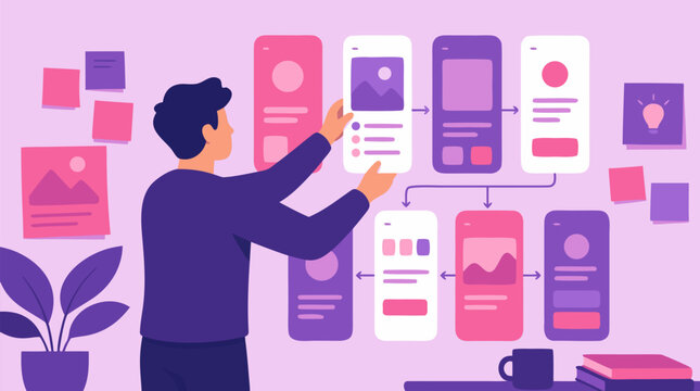 An app designer arranging glowing interface screens on a wall in a creative flow with a gradient pink and purple palette in a sleek flat vector illustration, ideal for UI design and tech commercial us