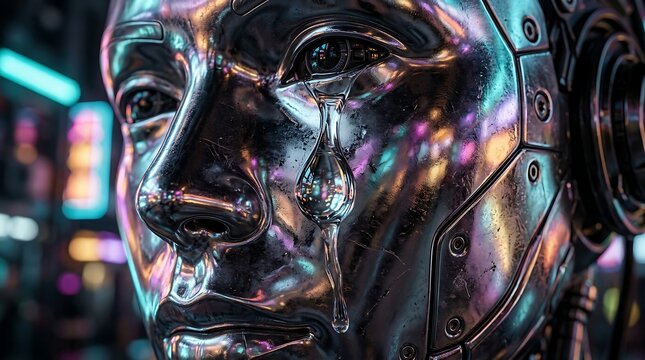Closeup of a robotic face with a tear on its metallic cheek in a neon lit city