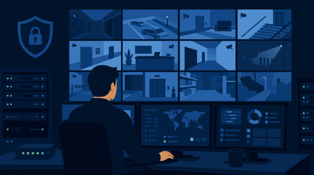 Clean flat vector illustration on a light background of a security operator monitoring CCTV screens in a control room, useful for cybersecurity and surveillance services.