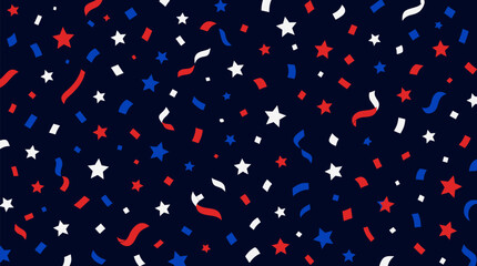 Fototapeta premium Sparkling confetti rain in red white and blue falling across a midnight backdrop in a clean flat vector illustration ideal for patriotic celebrations and festive event design