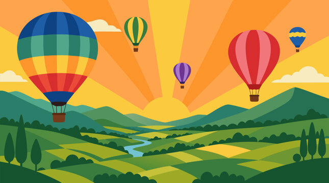 Clean flat vector illustration on a light background shows colorful hot air balloons floating over a green valley at sunrise, ideal for travel posters, tourism ads, or festival banners.
