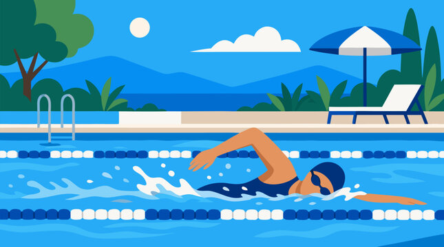 Clean flat vector illustration of a swimmer doing freestyle laps in an outdoor pool, useful for sports training, fitness programs, and summer recreation promos.