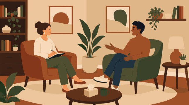 Clean flat vector illustration of a therapist taking notes while a client talks in a warm office, useful for mental health and counseling services.