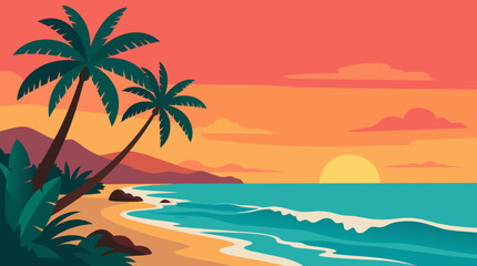 Obraz premium Clean flat vector illustration on a light background showing a tropical beach sunset with palms, waves, and mountains, ideal for travel posters and vacation promotions.