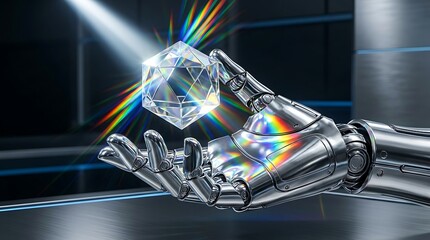 Naklejka premium Robot hand holding a shining diamond with rainbow light effects in a futuristic setting