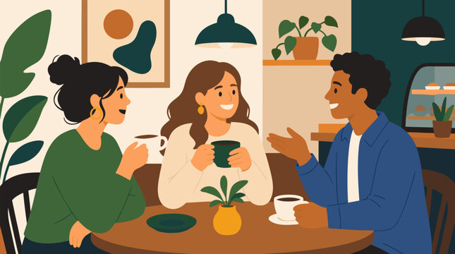 A clean flat vector illustration shows three friends chatting over coffee at a cozy cafe table, useful for social connection, hospitality, friendship, and lifestyle marketing on a light background.