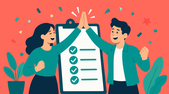 Clean flat vector illustration on a light background showing two coworkers high fiving before a completed checklist, ideal for project management success messaging.