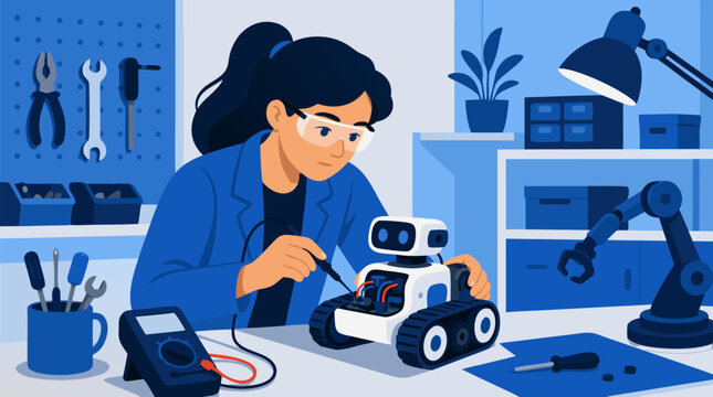 A clean flat vector illustration of a woman engineer testing a small robot on a workshop bench in a focused blue palette, ideal for technology education materials and innovation-themed designs.