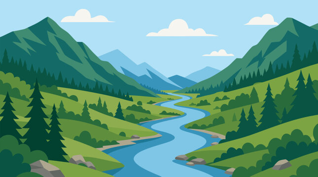 A clean flat vector illustration on a light background depicts a winding blue river through green mountains and pine forests, suitable for travel posters or outdoor brand banners.