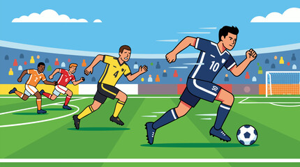 Naklejka premium Clean flat vector illustration on a light stadium background showing soccer players sprinting as a striker dribbles toward goal, ideal for sports event promotions.