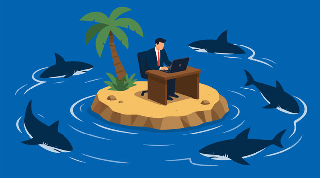 A businessman sits alone on a tiny island desk surrounded by circling sharks in this clean flat vector illustration on a light background, perfect for risk and business pressure concepts