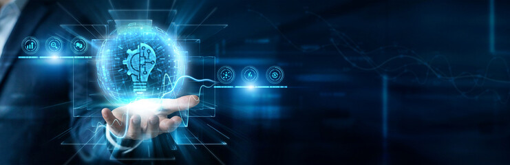 Fototapeta premium Tech Researcher Hand Hold Innovation Technology, and futuristic glowing interface, modern digital concept device, creative artificial intelligence solution