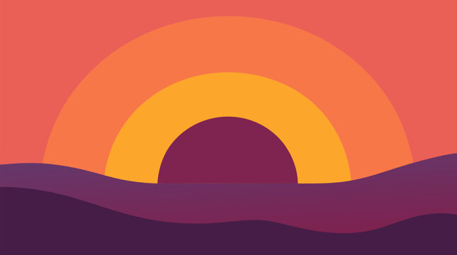 Bold abstract stacked semicircle bands form a dramatic sunset in coral, gold, and plum tones in this clean flat vector illustration on a light background, ideal for modern decorative design concepts
