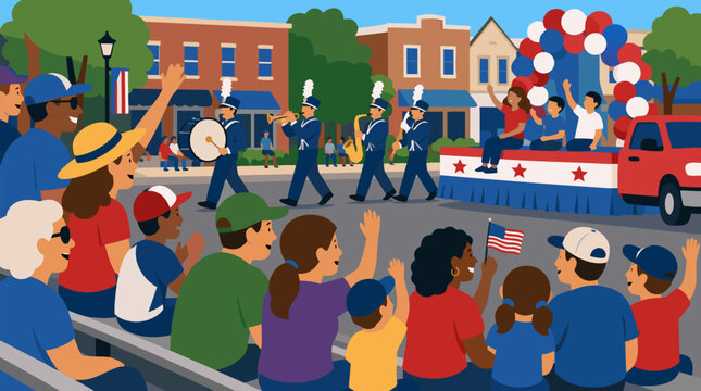 Cheerful crowd of diverse spectators on bleachers watching a hometown parade go by, a clean flat vector illustration suitable for community events, holidays, and local festival marketing