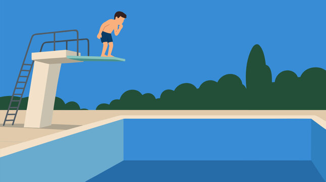 A nervous figure standing on a high diving board staring anxiously down into a completely empty pool below, a clean flat vector illustration suited for risk-taking and business decision-making themes