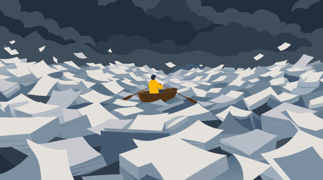A tiny determined figure rowing a small boat across a vast stormy ocean made entirely of towering waves of paperwork and documents, a clean flat vector illustration representing work overload and bure
