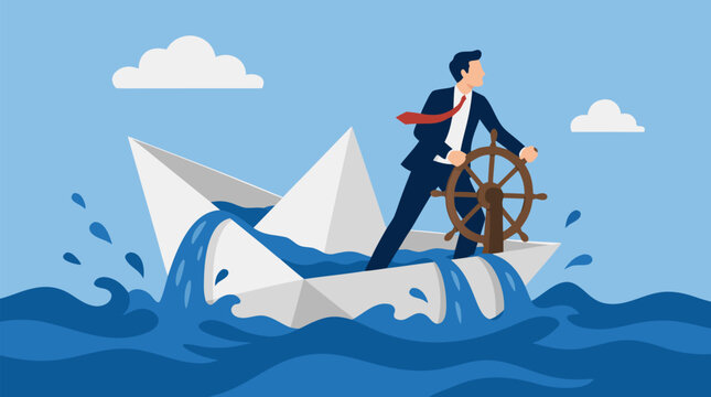 A businessman steering a small sinking paper boat as floodwater rises over the edges, a vivid flat vector concept for financial crisis, business failure, and overwhelming challenges in commerce