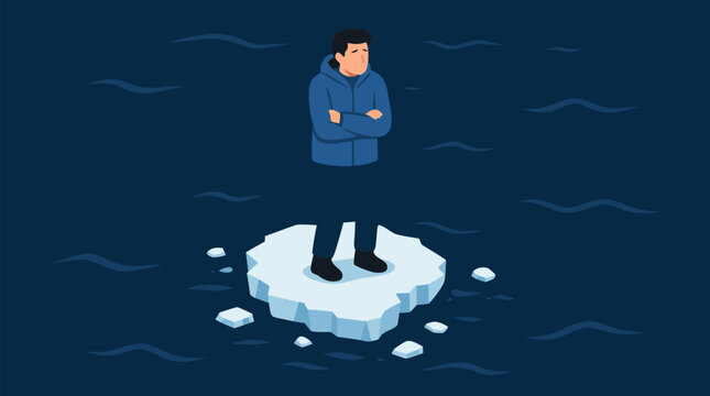 A solitary man standing on a tiny rapidly shrinking ice floe surrounded by vast dark freezing cold water, a haunting flat vector metaphor for climate change, environmental crisis, isolation, and vulne
