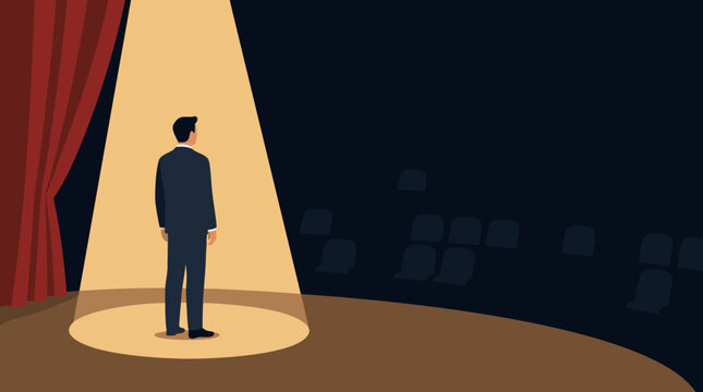 A nervous man caught alone in a bright spotlight on a bare stage facing a vast empty and silent dark auditorium, a striking flat vector metaphor for stage fright, public speaking anxiety, and fear of 