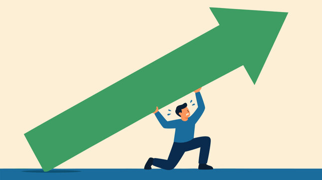A lone figure straining to hold up a giant green upward arrow far too heavy to lift alone, a clean flat vector symbol for growth ambition, market pressure, and the challenge of sustaining business mom